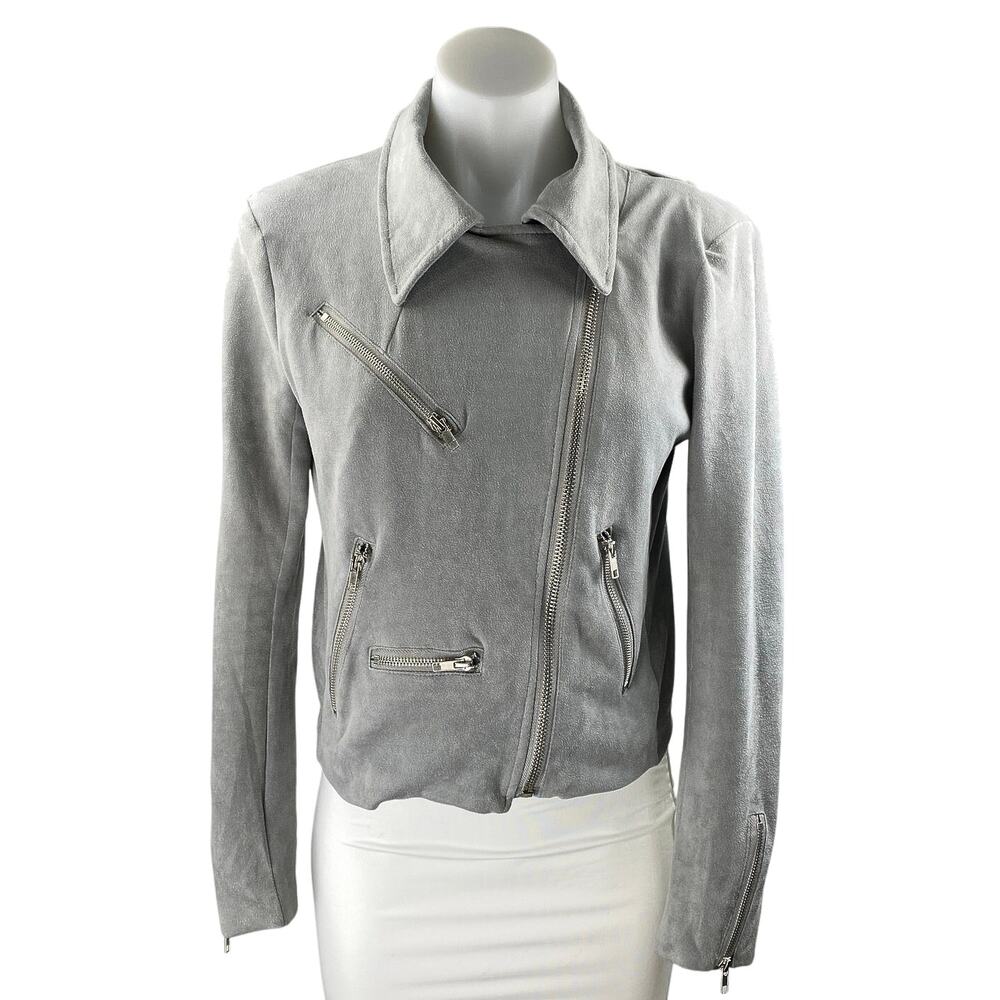 Olivaceous Women's Gray Faux Suede Collar Asymmetric Zip Up Moto Coat Jacket M